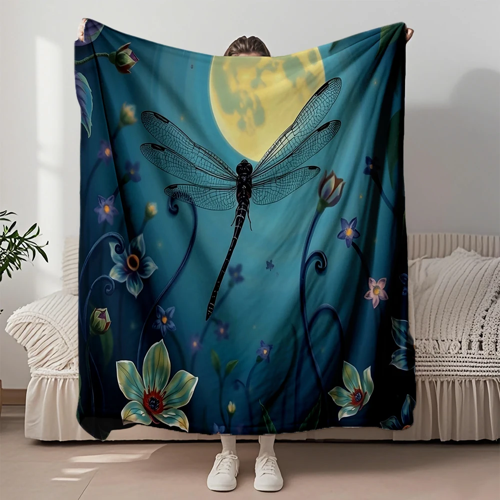 

Geometric Flannel Cozy Blanket Dragonfly Landscape Painting Blue Thermal Blanket Reversible Blanket For Hotels Living Room Sofa