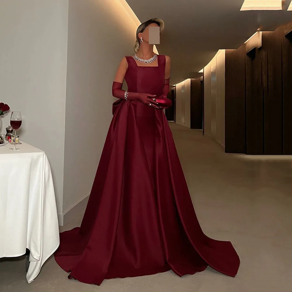 Msikoods Wine Red Prom Gown Women Customized Satin Formal Dress Bowknot Party Saudi Evening Dress Women Special Occasion Dress