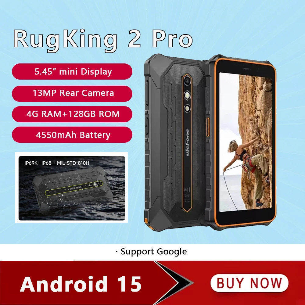 Ulefone RugKing 2 Pro AI Rugged Smartphone Android 15 5.45 Inch 4GR AM+128GB ROM Mobile Phone 4550mAh Battery 4G Cellphone NFC