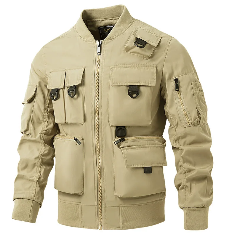 

American New Fashion Vintage Men's Multi Pocket O-neck Zipper Long Sleeve Casual Trendy Baseball Jacket Male Clothes Tops Coats