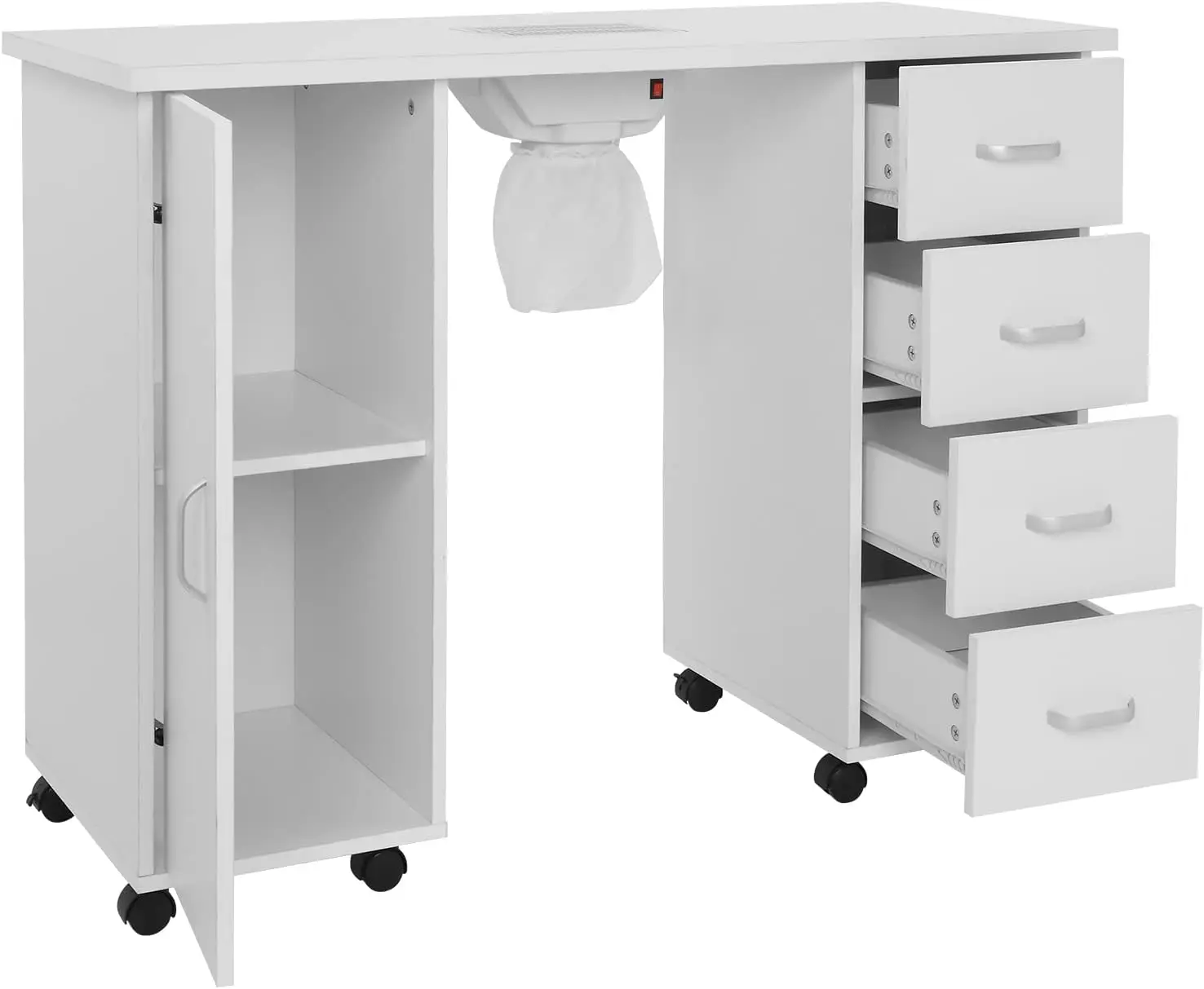 Nail Table Station, Salon Spa Nail Desk with Electric Downdraft Vent, Locking Castors, 2 Layers Storage Cabinet, 4 Removable