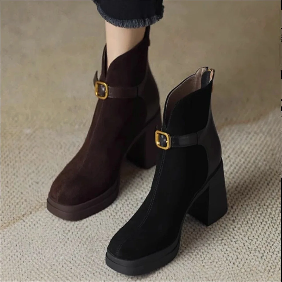 

Designer's New Thick Soled High-heeled Patchwork Fashionable Boots for Women's Autumn and Winter Zipper High-heeled Boots