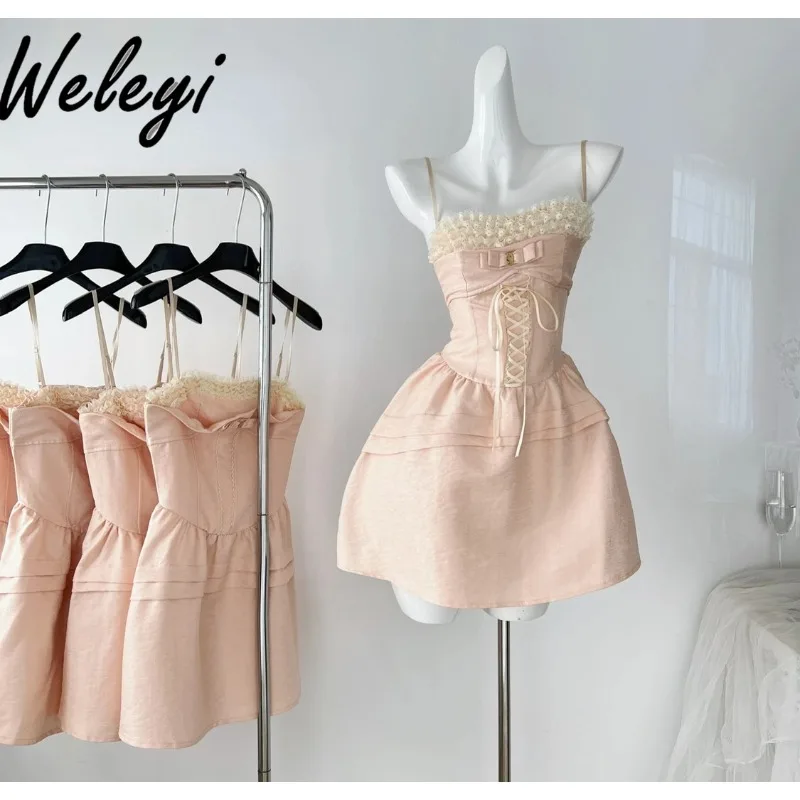 

Kawaii изысканное милое короткое платье с бантом женская одежда 2024 Летняя мода кружевные ремешки на день рождения искусственная строчка для торта