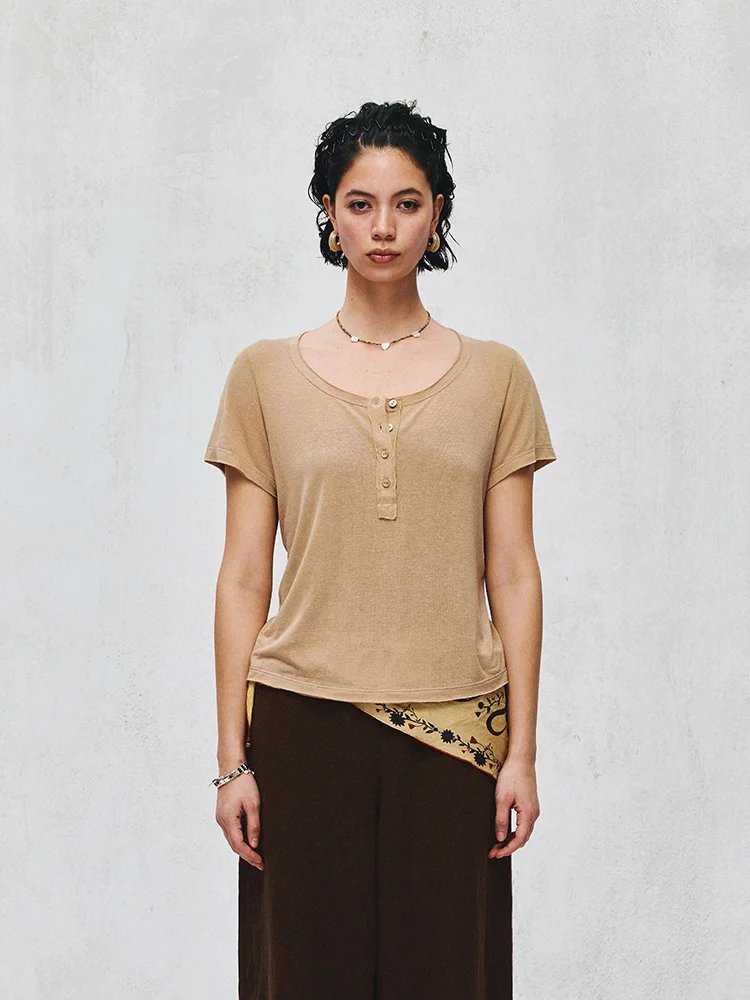 

Color Henry Collar ort Sve round Ne T-irt Top Casual Sle Slim Fit T-irt for Women Spring Summer New Arrival