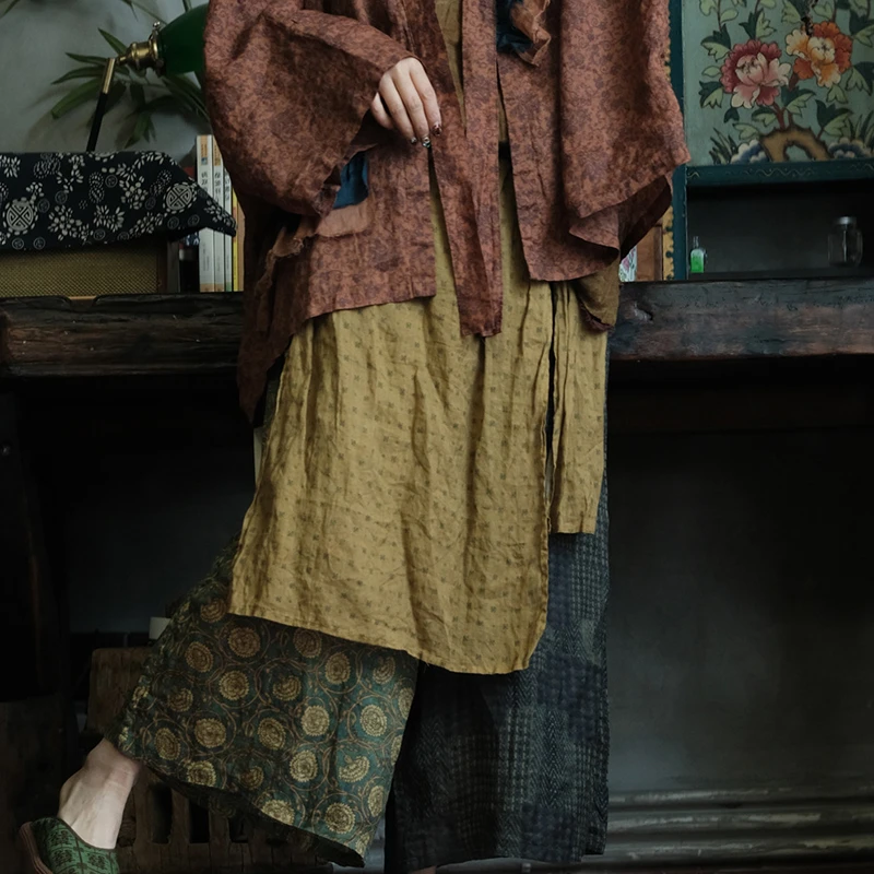 100% Ramie Women Ankle-length Casual Pants New 2026 Summer Vintage Style Patchwork Print Loose Female Wide Leg Pants M2825