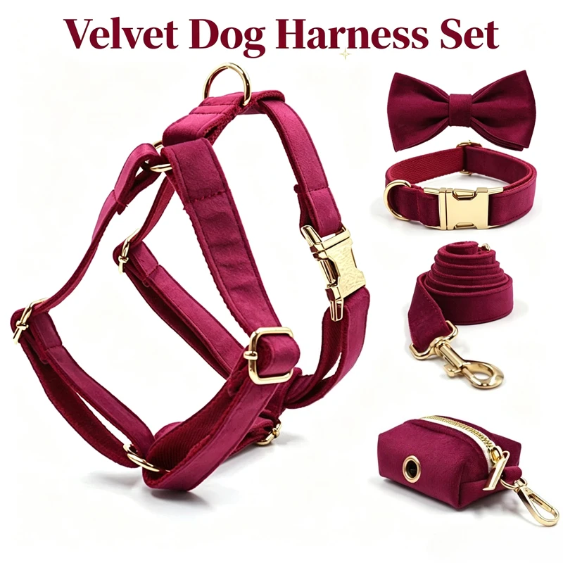 Burgundy Velvet Dog Collar Personalized Thicken Metal Buckle Pet Harness Bow Tie Collar Leash Set with Poop Bag Luxury Dog Gift