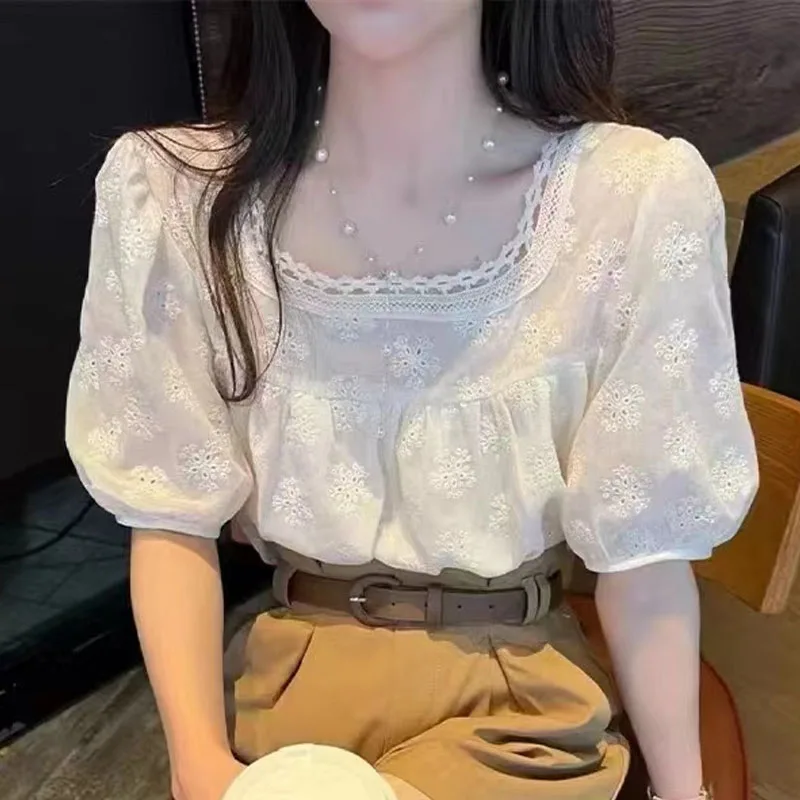 new fashion chiffon blouse women 2024 short sleeve summer women\'s shirts elegant square collar tops woman office clothes 721