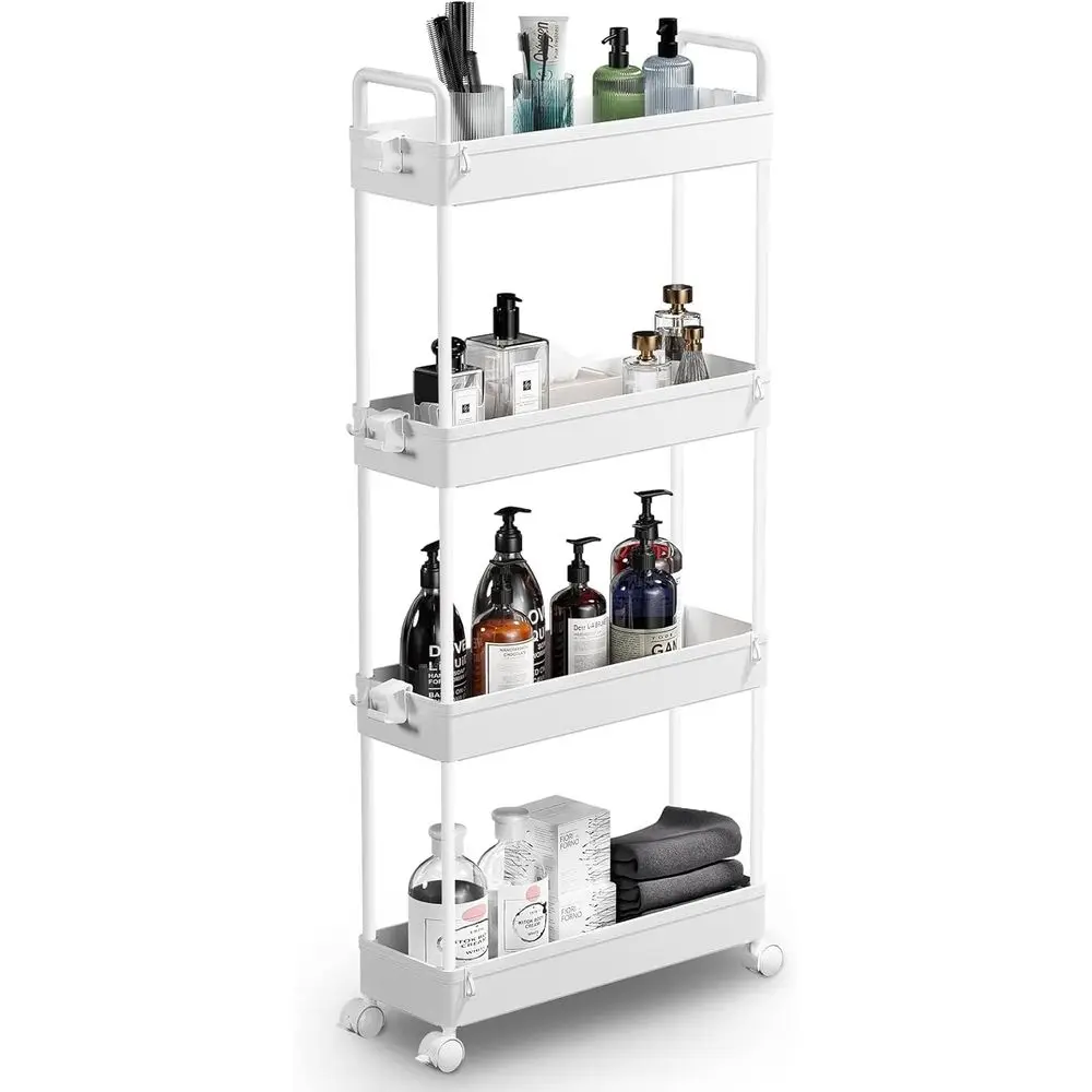 

Slim Rolling Storage Cart with Wheels 4 Tier Skinny Bathroom Storage Organizer Narrow Shel Unit Thin Laundry Room Utility Cart