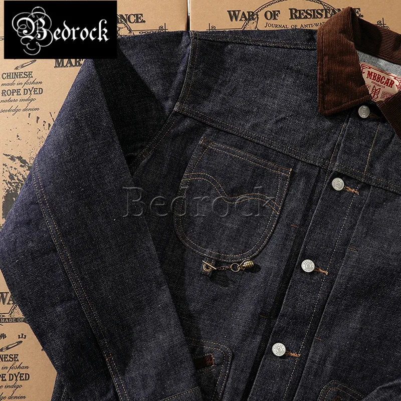 MBBCAR 14.9oz Heavy Vintage Raw Denim Jacket Men Deep Blue Selvedge Denim Splicing Corduroy Official Onewash Jean Jacket 3145