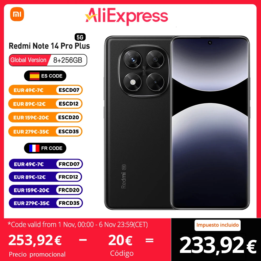 Xiaomi Redmi Note 14 Pro Plus 5G Versión Europea, 256GB/512GB Snapdragon 7s Gen 3, Pantalla AMOLED 6.67", 120Hz, 200MP, 5110mAh, IP68, NFC, Sin 