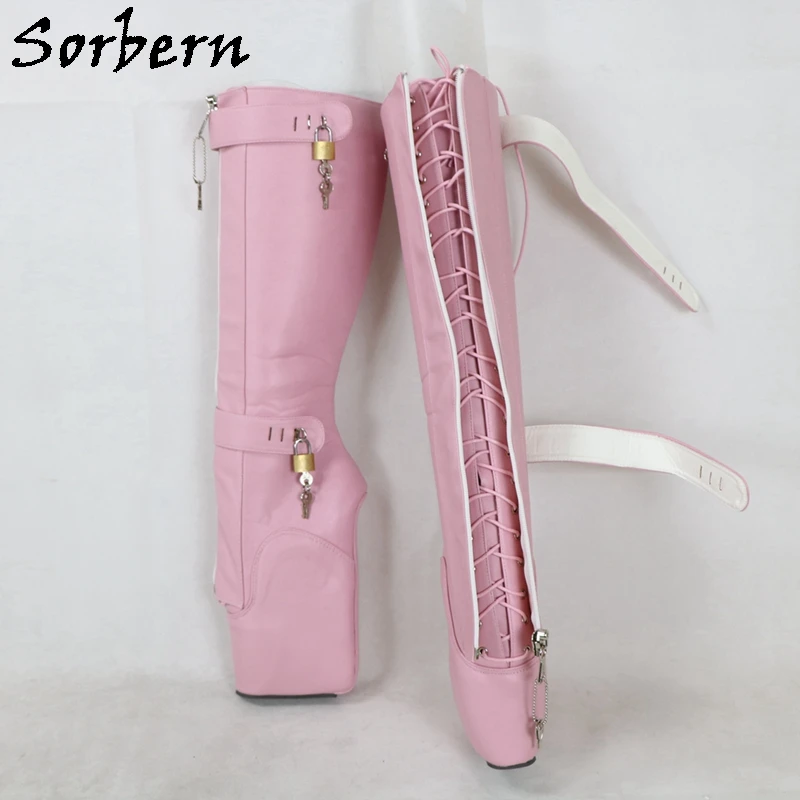 

Sorbern Custom Beige Ballet Wedge Boots Women Knee High Double Straps With Locks Lockable Zipper In Front Lace Up Sm Fetish Shoe