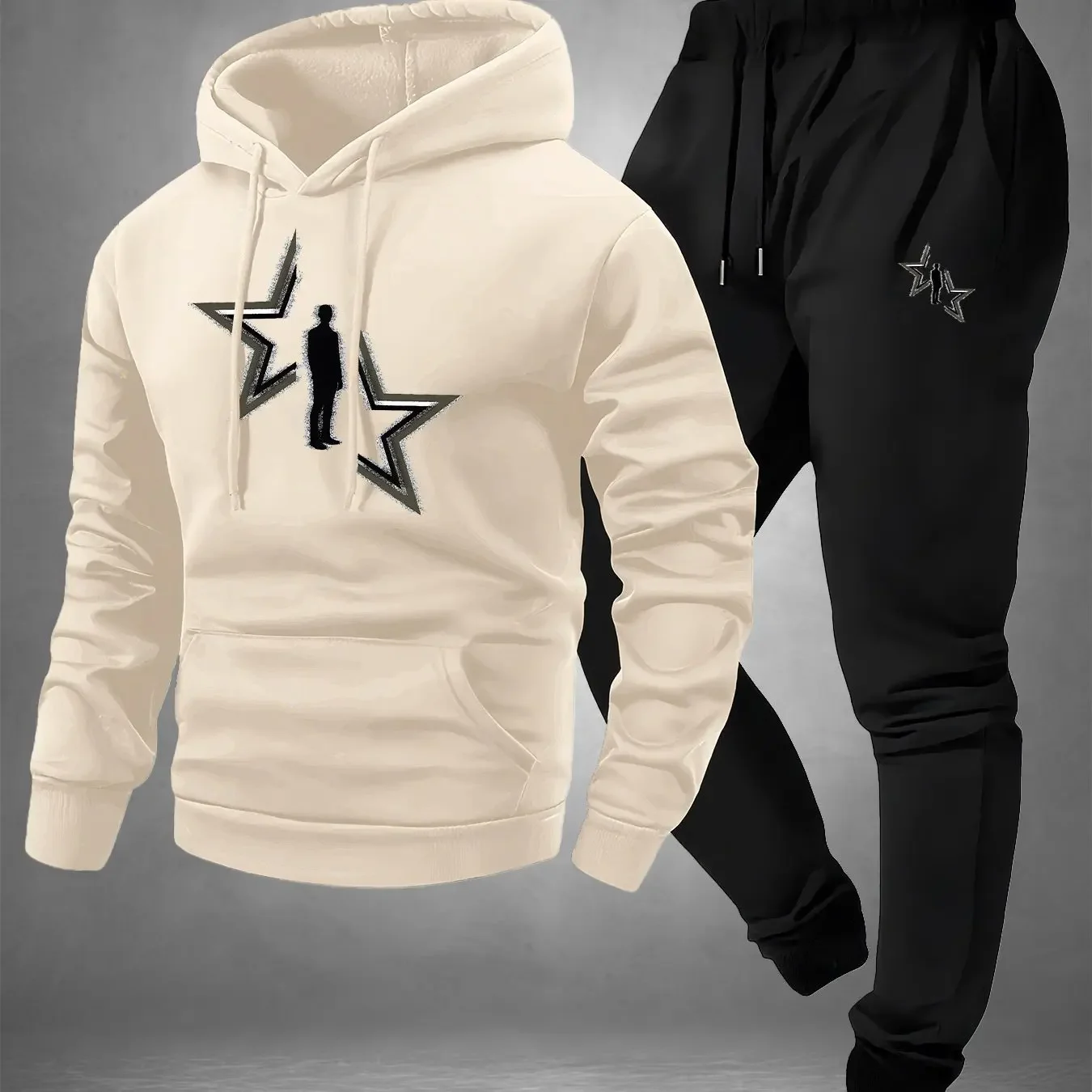 인터스텔라 실루엣 프린트, 2피스 남성용 캐주얼 폴리에스터 풀오버 및 스웨트팬츠 세트, 후드가 있는 긴 소매 풀오버