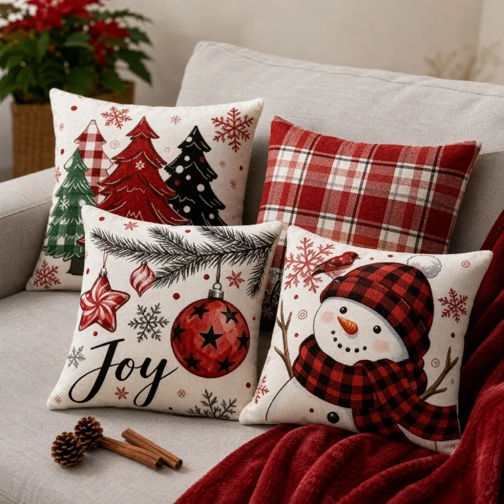 Soft Christmas Pillow Cover Elk Deer Linen Throw Cushion Case 45cm 17.72in Square Xmas Tree Pillowslip Party Decoration