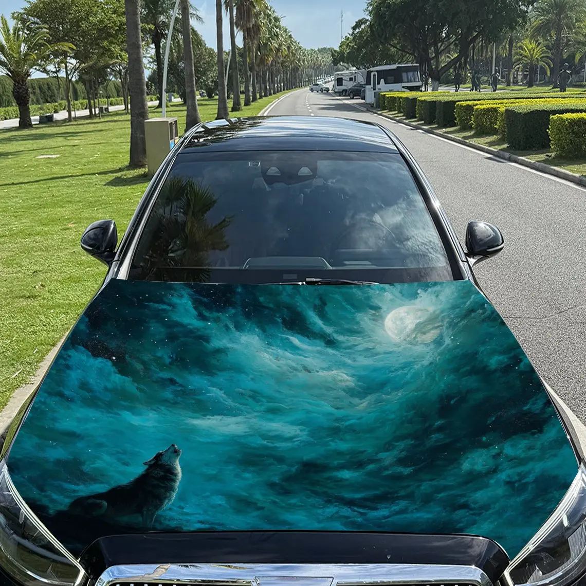 Car Decals A Wolf Conveying Power And Freedom Amid Dynamic Turquoise Waves Car Hood Sticker, Waterproof Self - Adhesive Vinyl Gr
