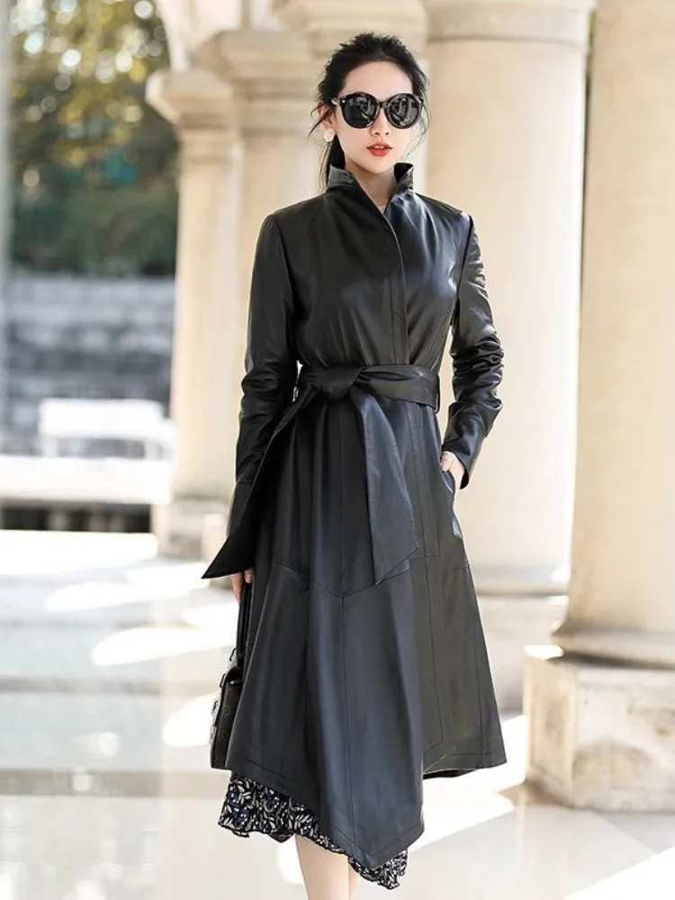 Manteau Long en cuir véritable pour femme, coupe-vent asymétrique, coupe cintrée, élégant, pardessus en peau de mouton véritable, automne et hiver