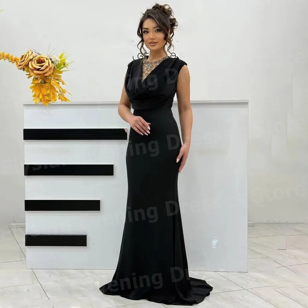 Charming Black Women's Mermaid Evening Dresses O Neck Customized Prom Gowns Sleeveless Party Beaded Vestido De Gala Noche Mujer