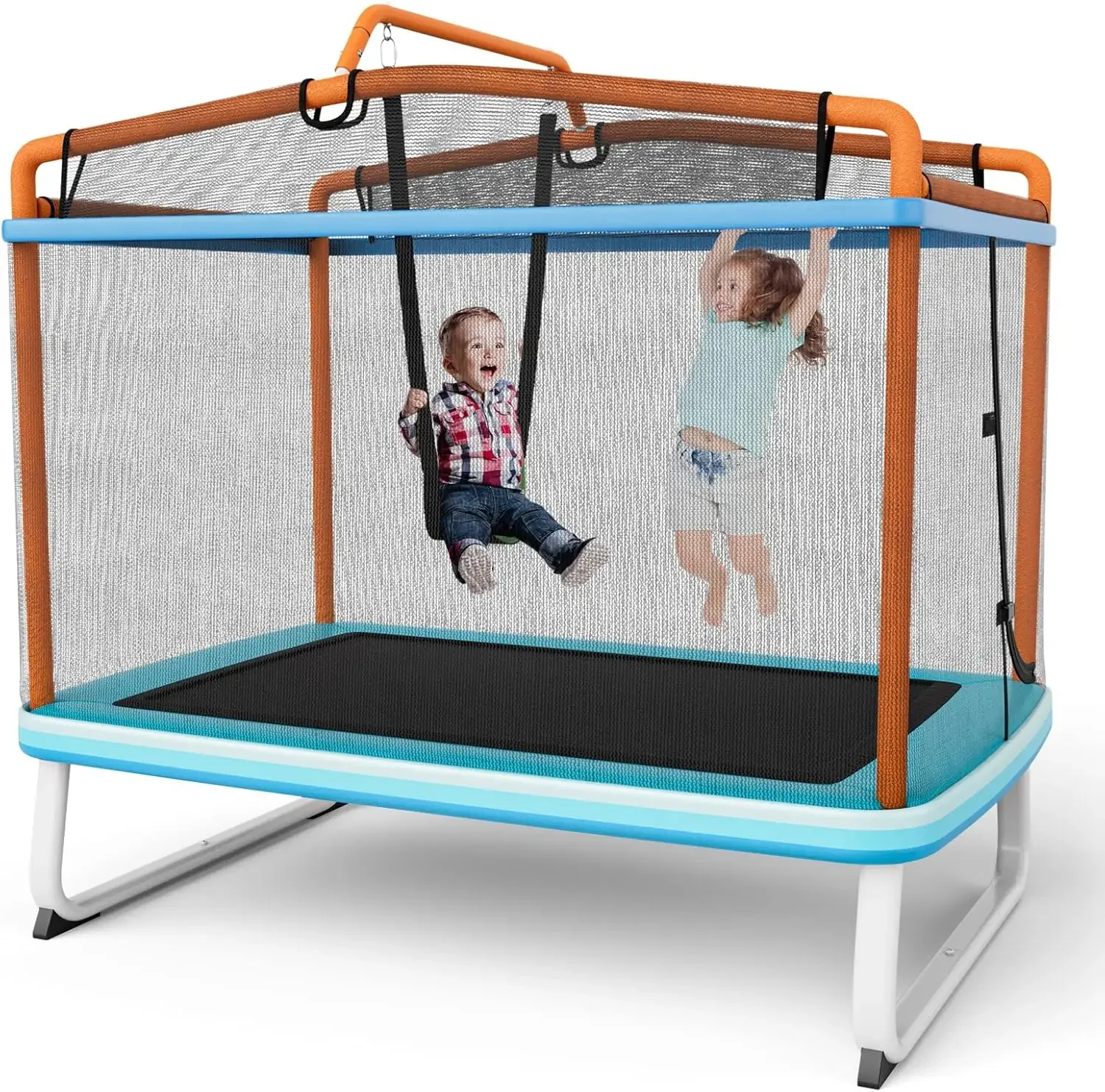 Trampoline for Kids, 75” ASTM Approved Recreational Trampolines with Swing, Horizontal Bar & Enclosure Net, Mini Rectangle