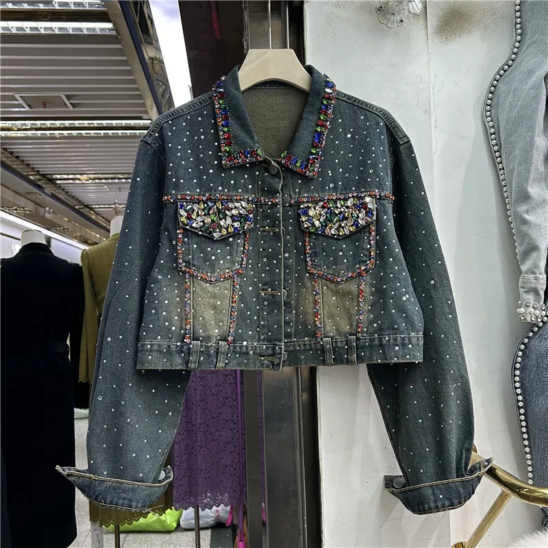 Vintage Harajuku Slim Short Denim Jacket Autumn Women New Beading Diamond Long Sleeve Single-breasted Jeans Jacket Streetwear