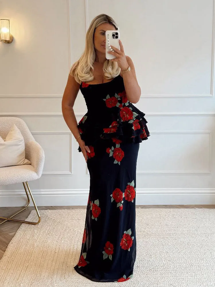 Set atasan dan rok wanita musim panas HH, seksi, 2 potong, motif bunga, atasan suspender dekoratif berlapis + rok midi ramping berpinggang tinggi