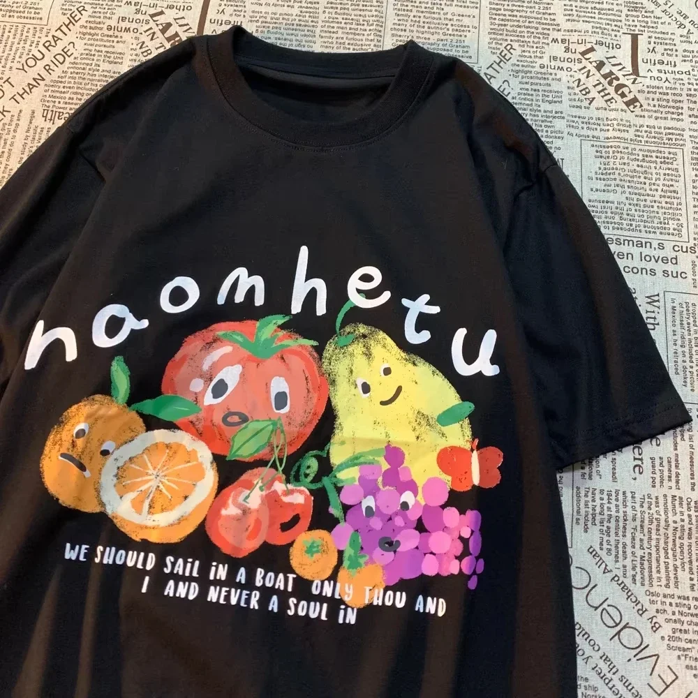 2025 الأمريكية خمر الفاكهة طباعة طاقم الرقبة قصيرة الأكمام حجم كبير تي شيرت المرأة الرجال أنيق فضفاض زوجين قصيرة الأكمام المحملة