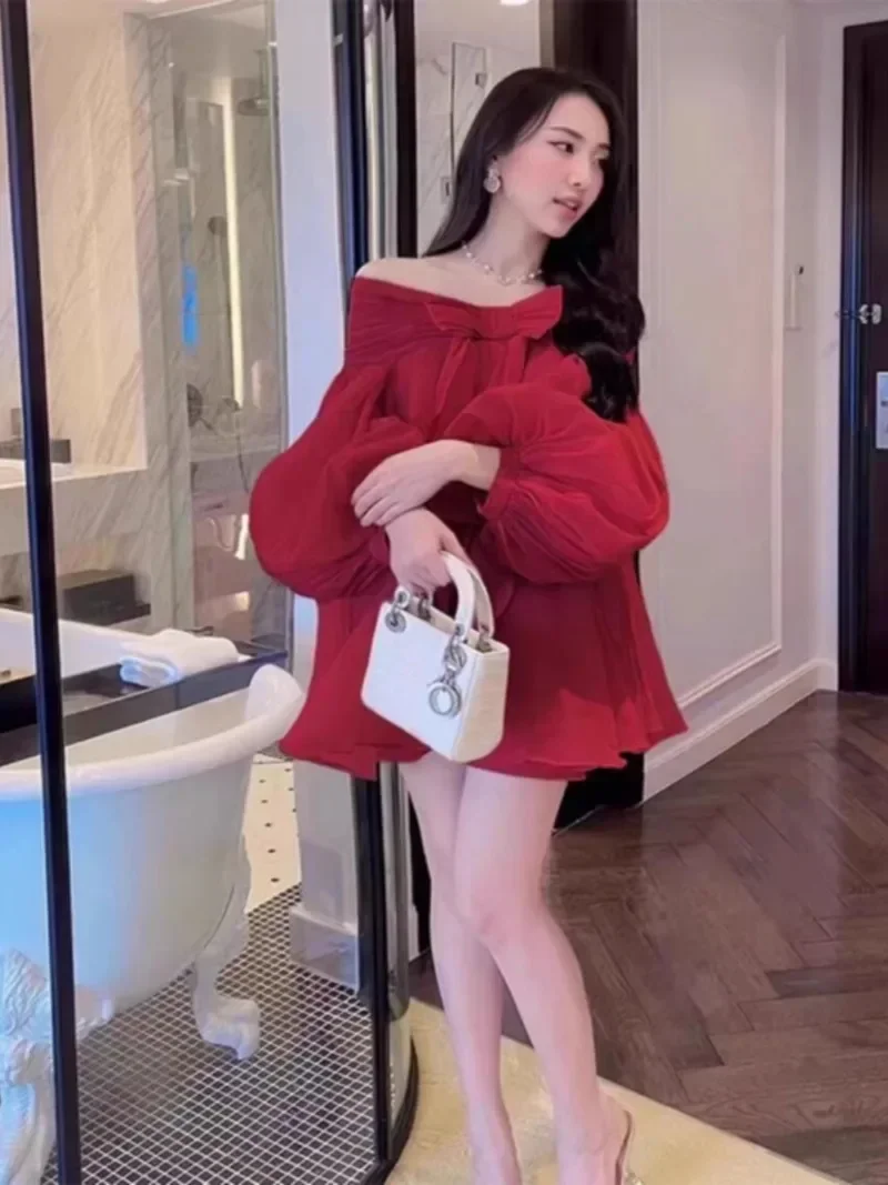 Vestidos De Mujer Sweet Dresses for Women Slash Neck Lantern Sleeve Summer Robe Femme Bandage Bow Loose A-line Dress 2024