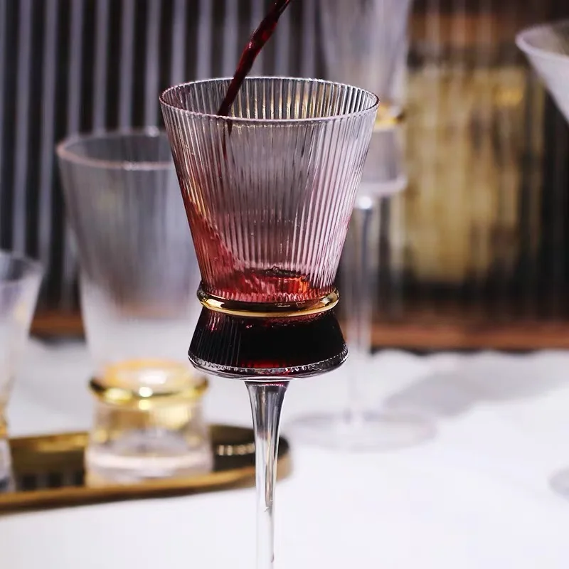 Glass Vertical Stripes Goblet Champagne Glass Cocktail Glass Gold Belt with Gold Wine Glasses