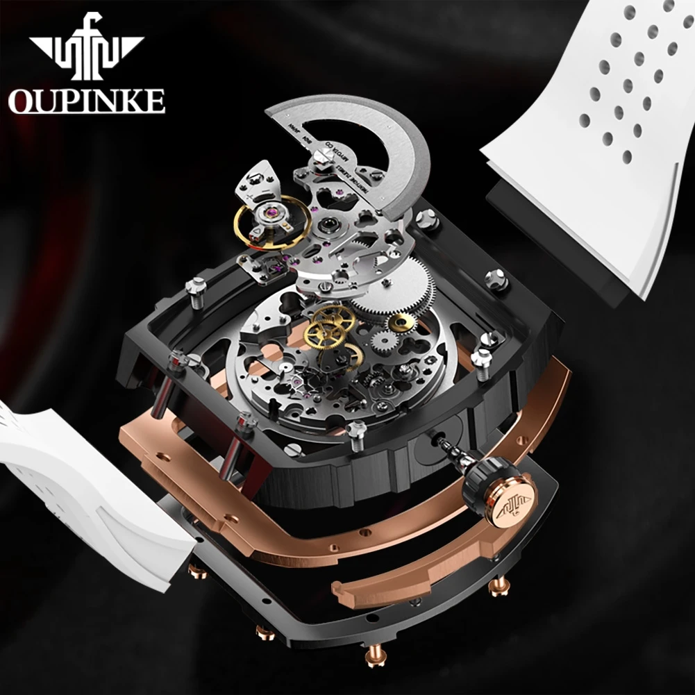 OUPINKE Brand New Fashion Hollow Tonneau Mechanical Watch for Men Sport Silicone Strap Luxury Automatic Skeleton Watches Mens