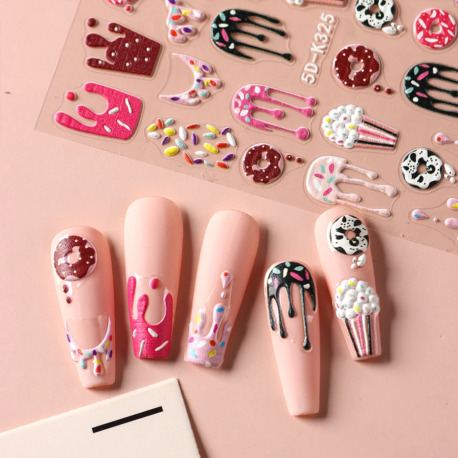 Autocollants pour ongles, crème glacée au chocolat, beignet, pop-corn 3D, Dessert sucré, Dessert d'été, décalcomanies pour manucure, décoration Nail Art, 2 pièces