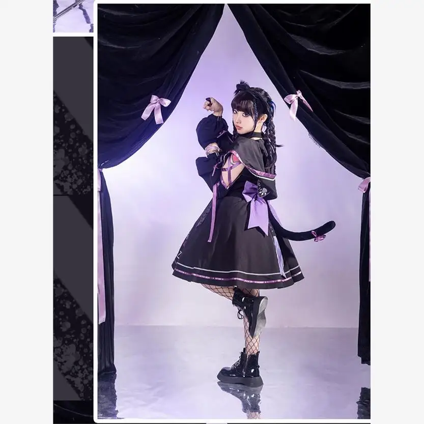 لويتا القط طباعة مجموعة كاملة FS Y2K كوس فستان زي قبالة الكتف مقنعين معطف قصير الربط اللون Jsk الحمالات توتو فستان الصيف