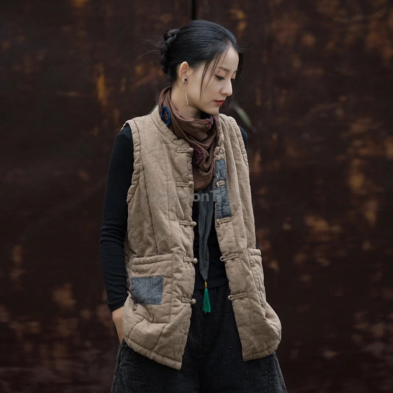 

2025 new cotton linen women's clothing retro literature art chinese vest fashionable design sense patchwork thicken vest h005