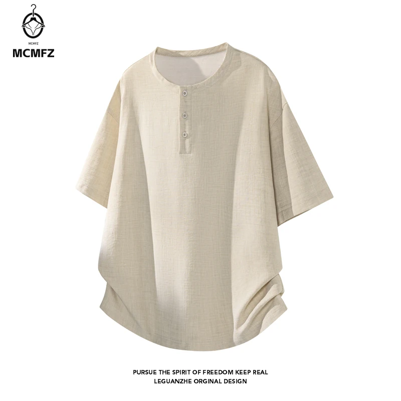 Mens Summer Oversized Henley Neck Short Sleeve Tee Button Placket Linen Texture Fabric For Travel Shopping Leisure Outfits