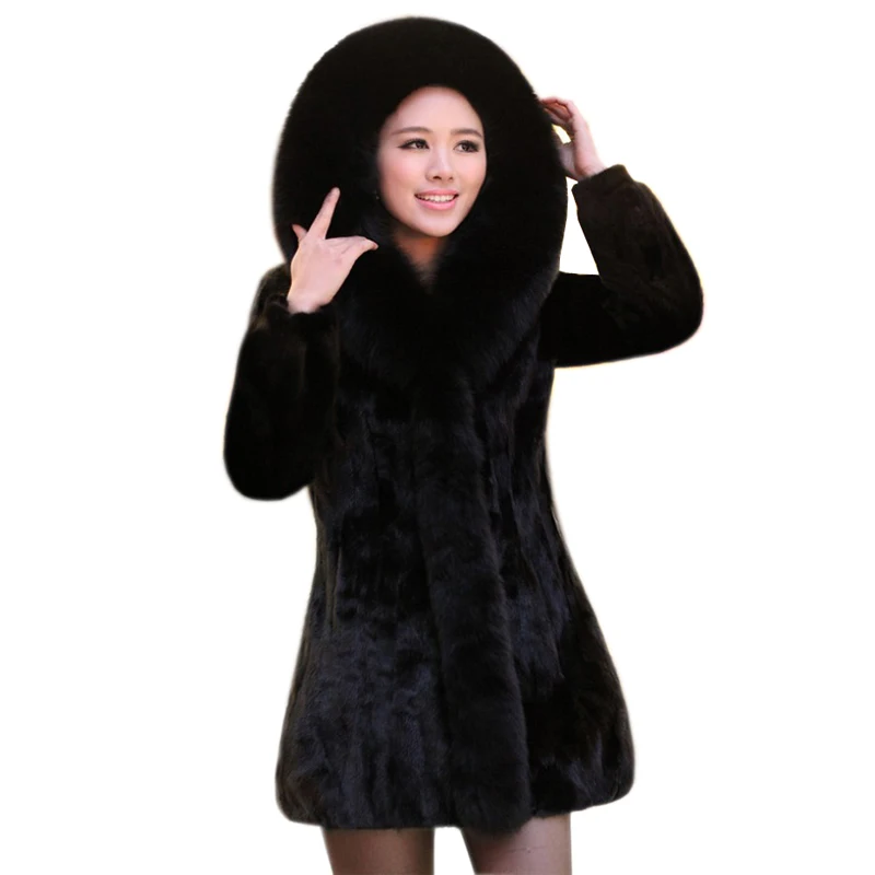 2018 Luxury Lady Genuine Nature Mink Fur Coat Jacket Fox Fur Hoody Winter Women Fur Outerwear Coats Trench Overcoat 3XL 4XL