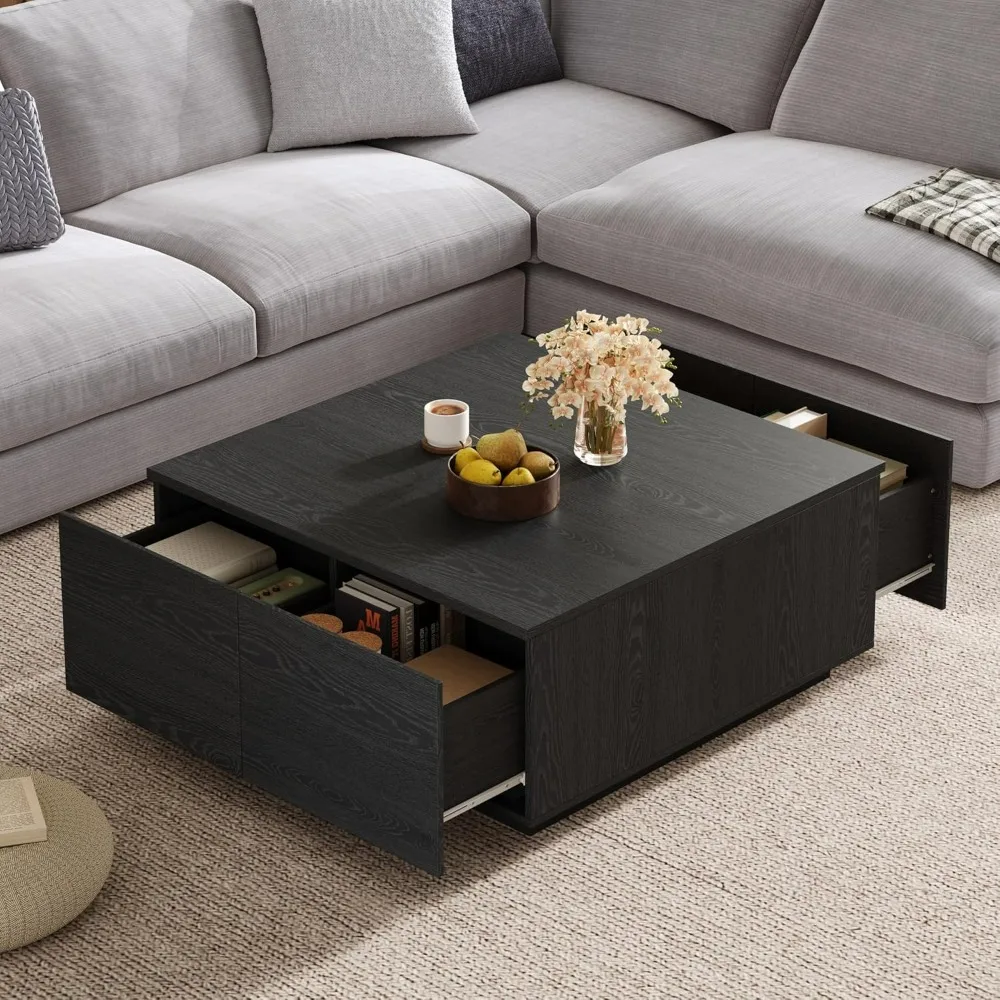 

Contemporary Square Coffee Table with 4 Concealed Drawers, 33.25 Wooden Center Table for Living Room, Minimalist Style