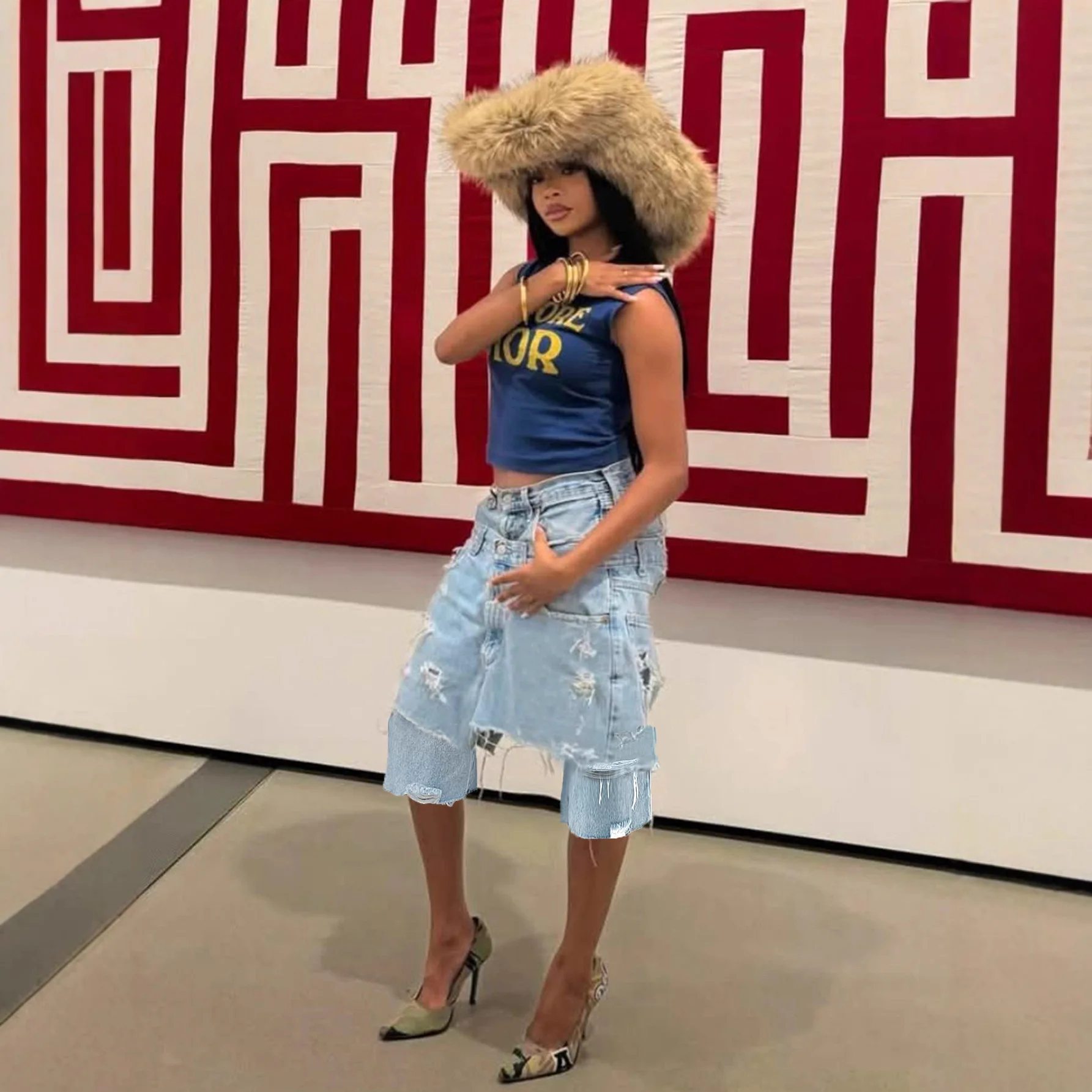 2026 new fashion zipper hole fake two-piece jeans women summer casual loose retro solid color pocket cropped pants for women