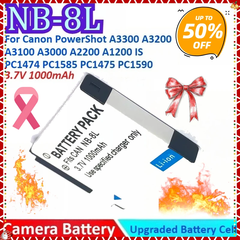 

1000mAh 3.7V NB-8L Camera Battery +Charger for Canon PowerShot A3300 A3200 A3100 A3000 A2200 PC1585 PC1475 A1200 PC1589 PC1474