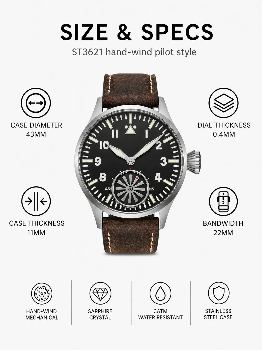 Mechanische Pilotenuhr mit individuellem Logo für Herren, ST3621 Handaufzug, 43mm, Saphirglas, Lederarmband, Zifferblatt, Schließe, Krone, personalisiert – Detail 6