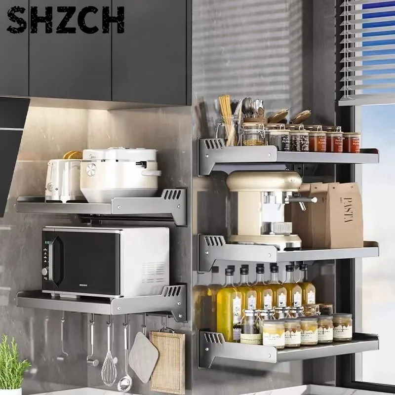 ‌‌Steel Kitchen Storage System wall-Mounted Microwave Oven Shelf expandable Counter Organizer rustproof Heavy-Duty Home Solution