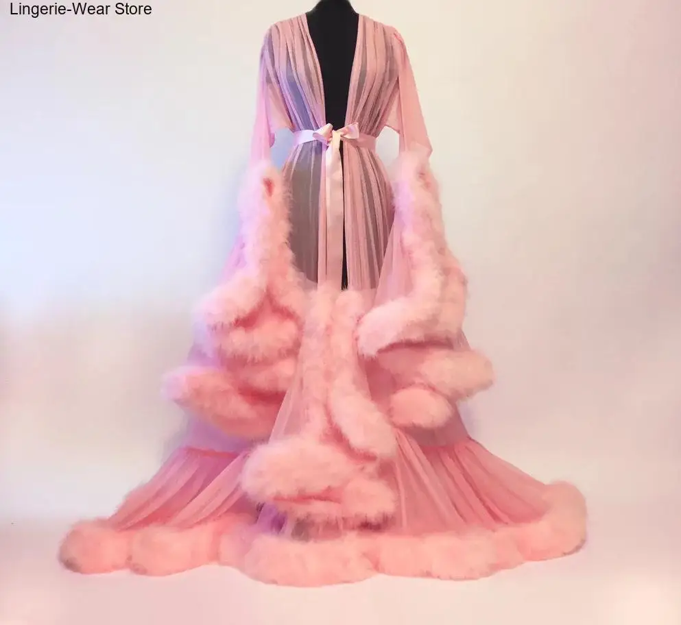 Large Size Perspective Sexy Nightgown Feather Trumpet Sleeves Trailing Long Skirt Nine Tailed Fox Fairy Drag Down Dressing Gown