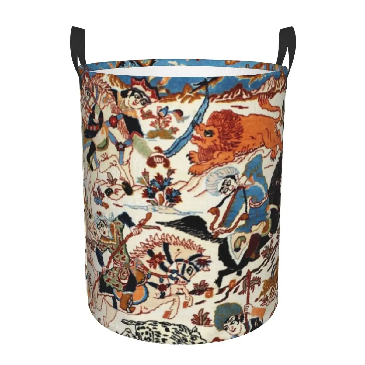 Persian Isfahan Silk Rug With Flowers Animals Laundry Basket Foldable Clothes Storage Bin Tribal Ethnic Floral Baby Hamper