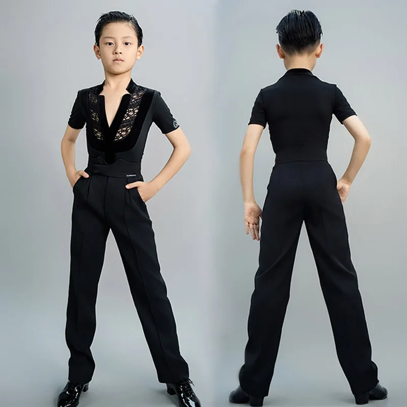 

2025 Boys Latin Dance Costume Kids Black Lace V-Neck Top Straight Pants Ballroom Rumba Performance Outfit Training Clothes 3604