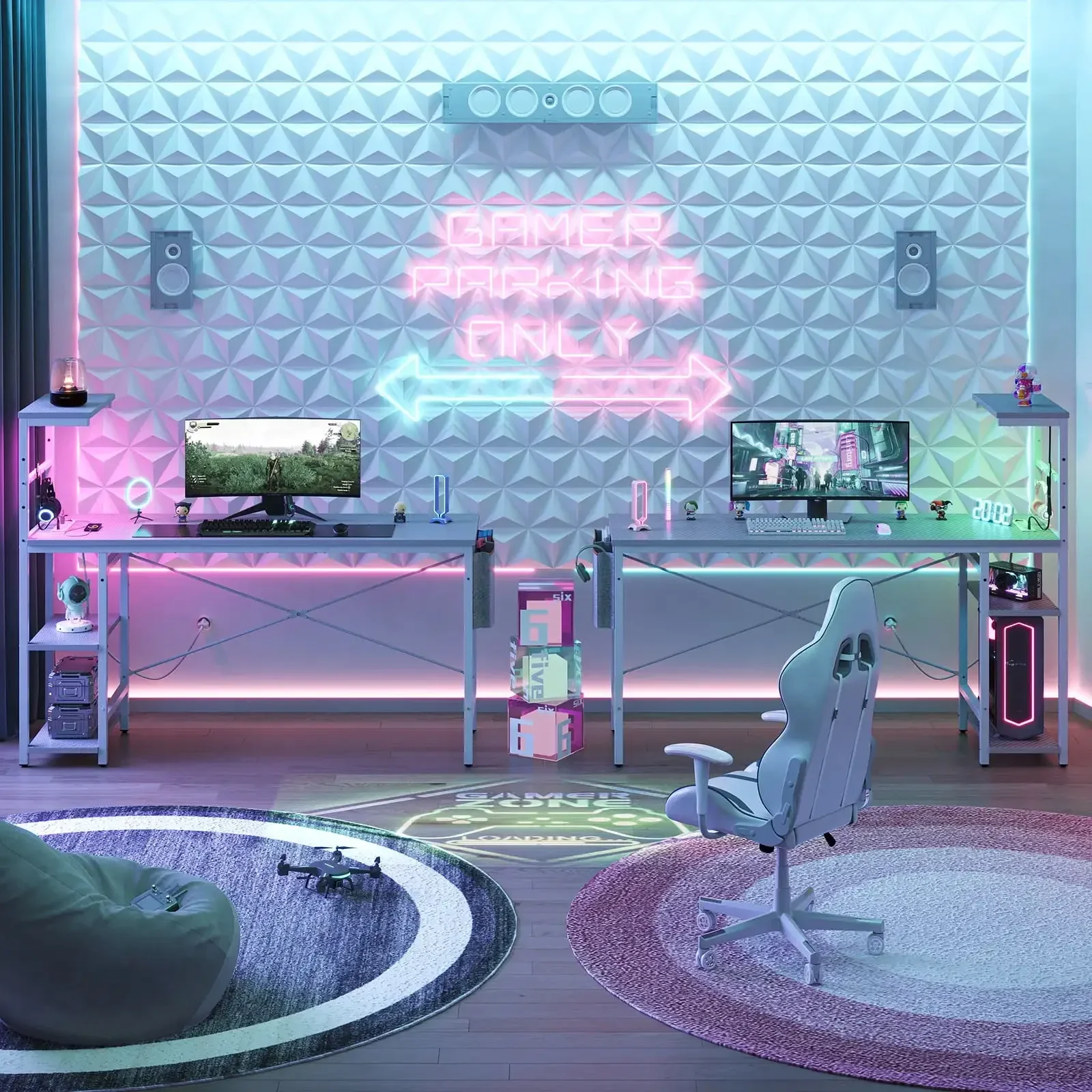 Meja Komputer Gaming Reversibel 61" dengan Meja LED Stopkontak dengan Rak 4 Tingkat, Serat Karbon Abu-abu