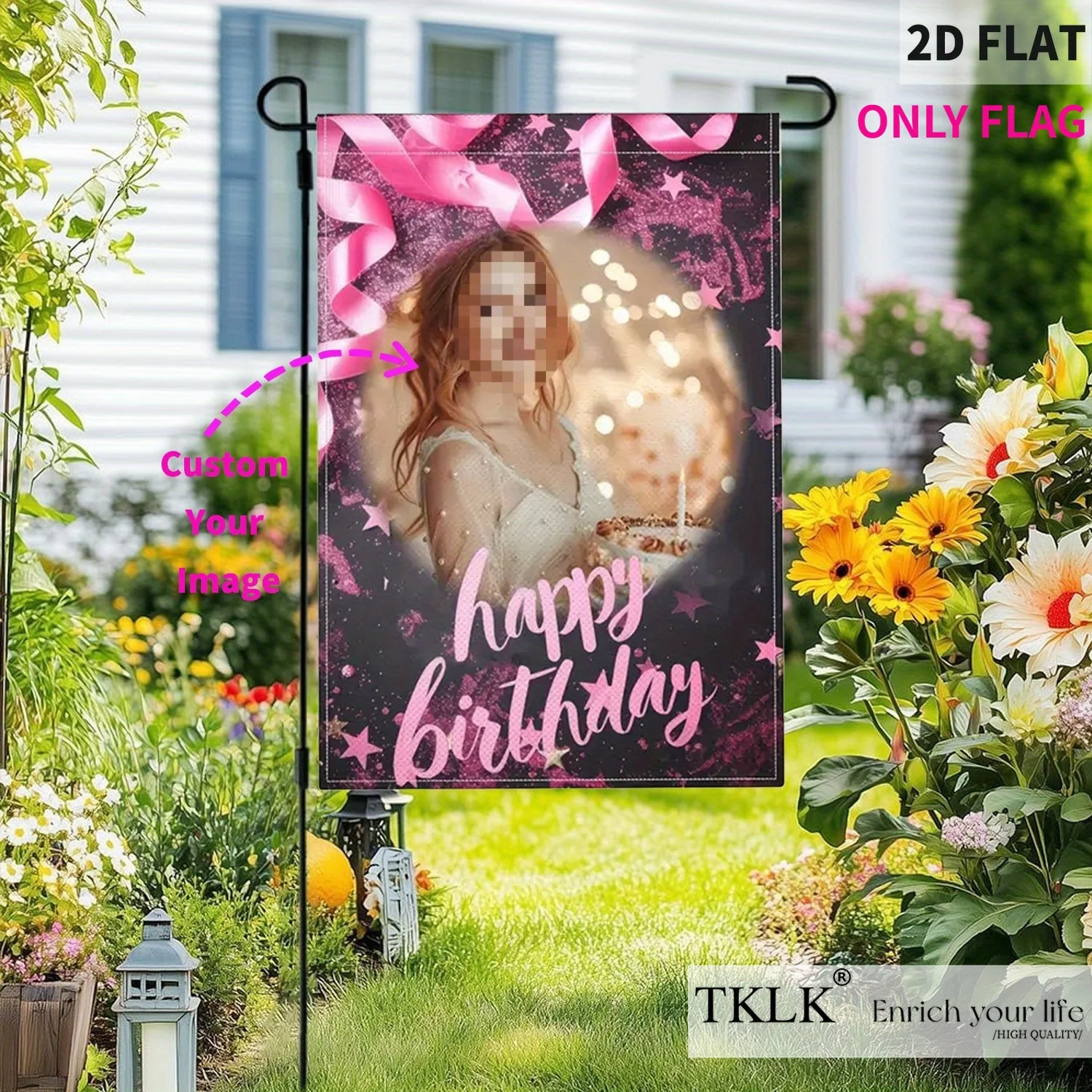 

Custom Happy Birthday Garden Banners- Custom with Photo Design, Pink Porch Banner for All Seasons, for Men & Women's Birthday
