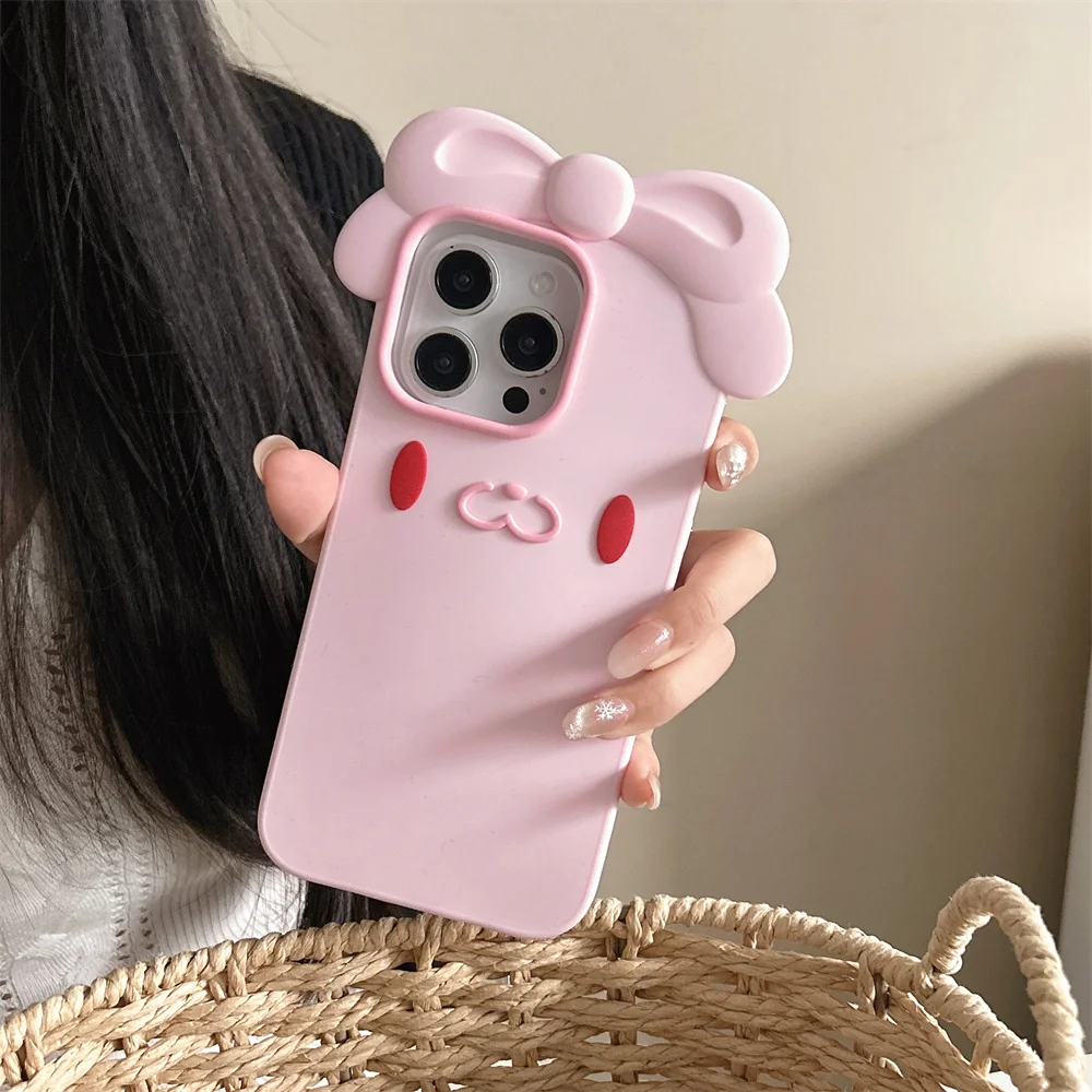 Image of Niedliche Schleifen-Kaninchen-Cartoon-Handyhülle für iPhone 17 Pro 15 14 13 12 Pro Max 16 Pro – Stoßfeste Silikonhülle im INS-Stil für Apple 17