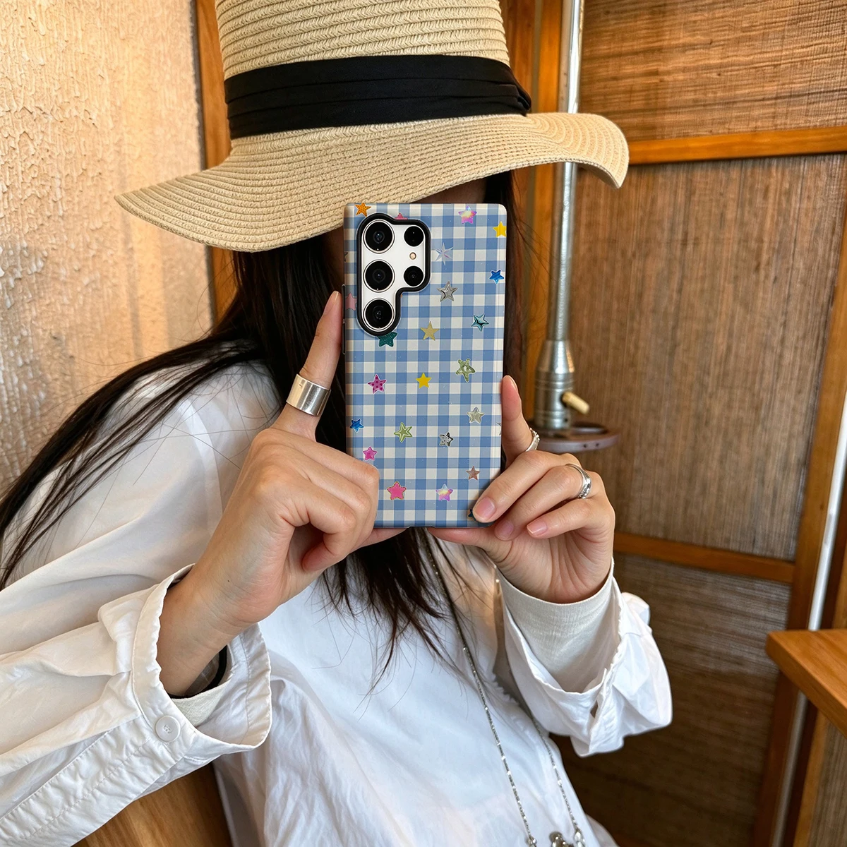 Gingham Colorful Stars Hard Shock-Absorption Phone Case For Samsung Galaxy S26 S25 Ultra S24 S23 Plus 2-in-1 Protective Cover