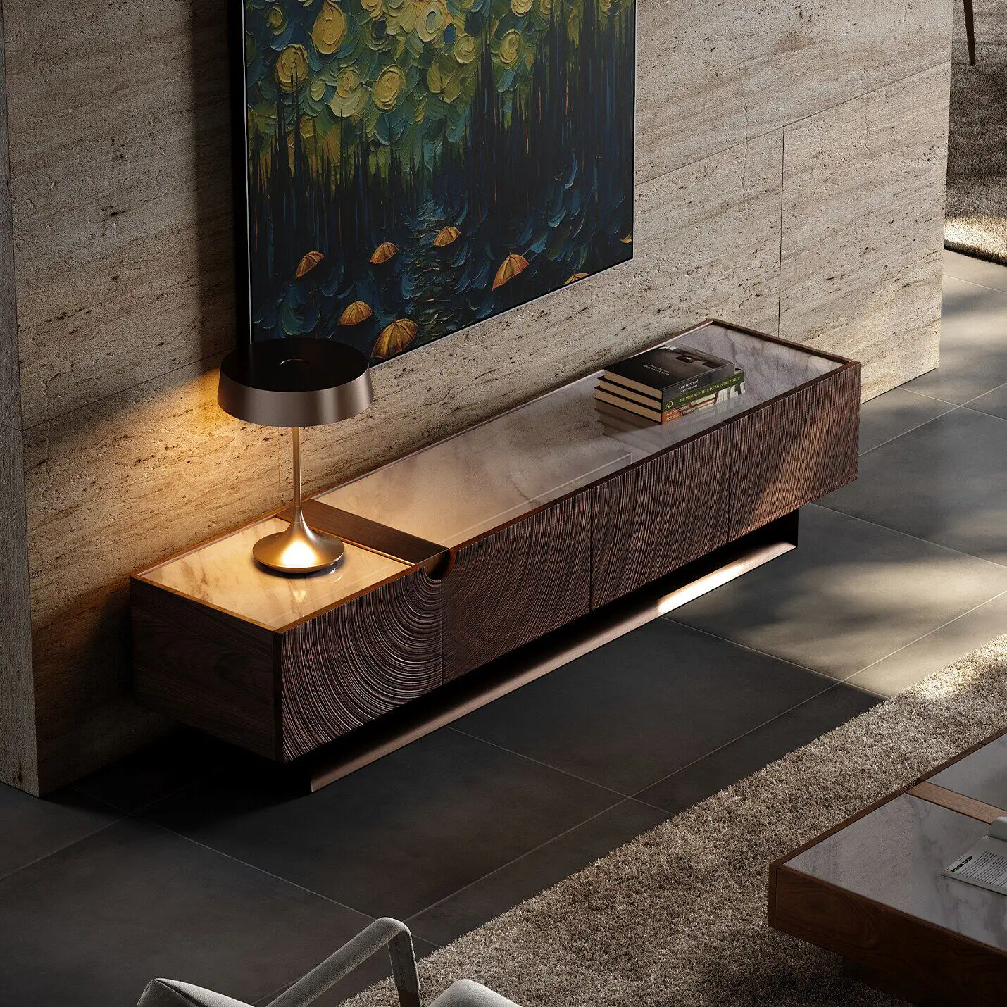 Italian light luxury art engraving TV cabinet living room home light luxury high-end solid wood TV cabinet