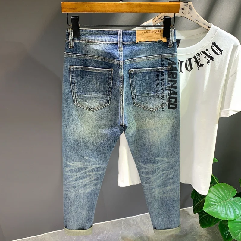 Jeans estampado personalizado masculino, moda de rua, calça casual, justa, lavada, design de interesse especial, marca coreana