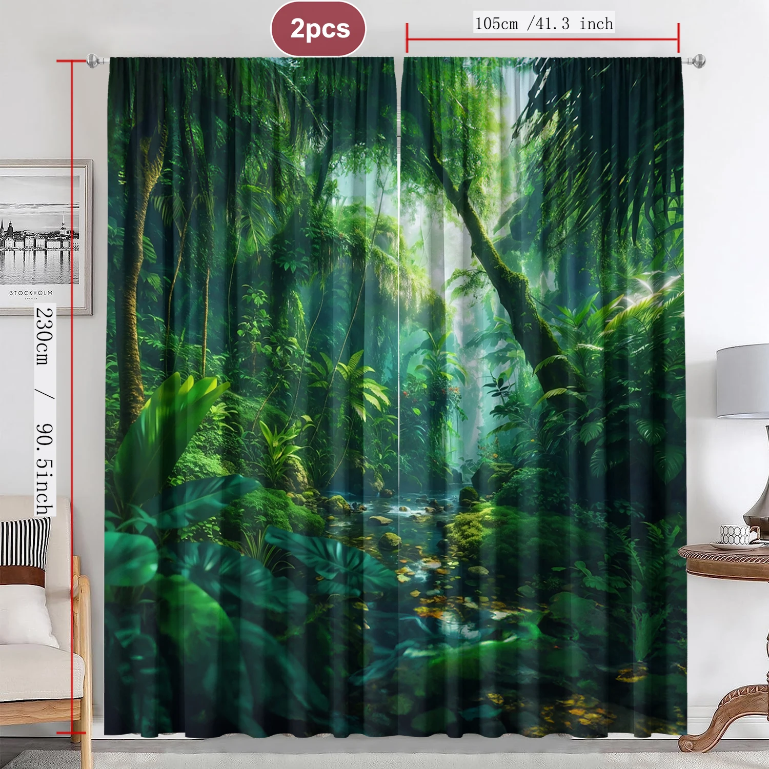 2PC Home Decoration Screen Curtain Green Forest Landscape Screen Curtain Suitable For Kitchen, Cafe, Living Room, Balcony