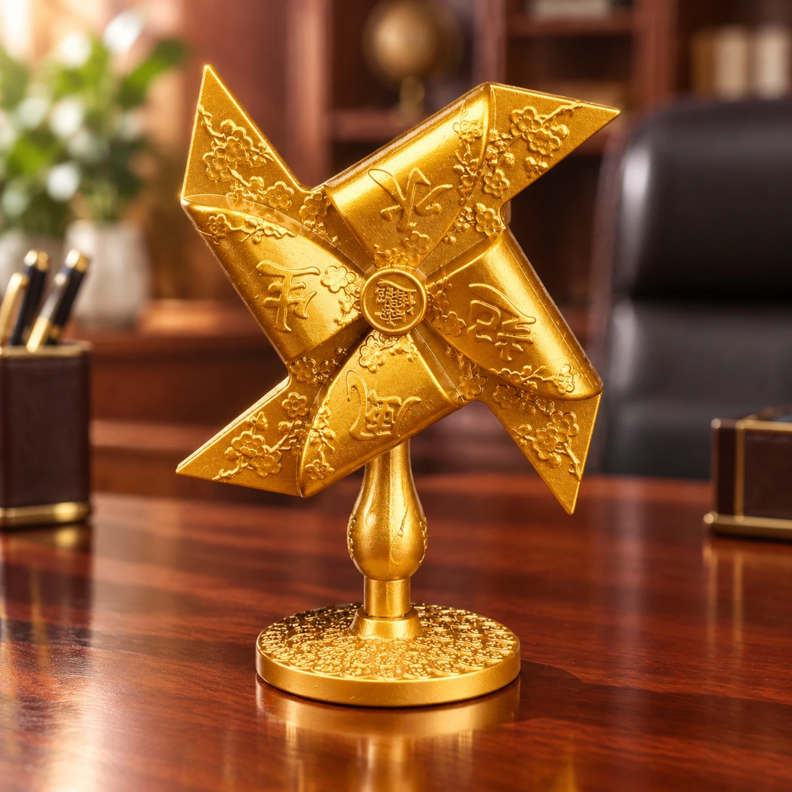 Gold-Tone Pinwheel Decor with Stand Prosperity-Themed Decorative Spinner with Embossed Base Four-Blade Pinwheel Ornament