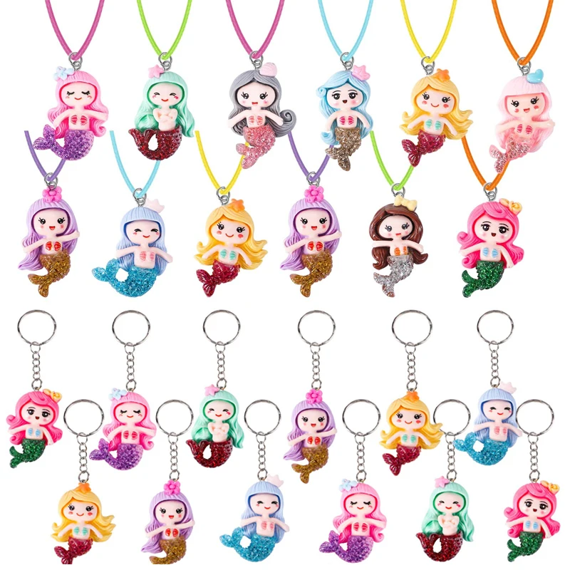 Mermaid Necklace Keychains Baby Shower Party Favors Kids Birthday Piñata Fillers Mermaid Key Chain Wedding Gifts Guests