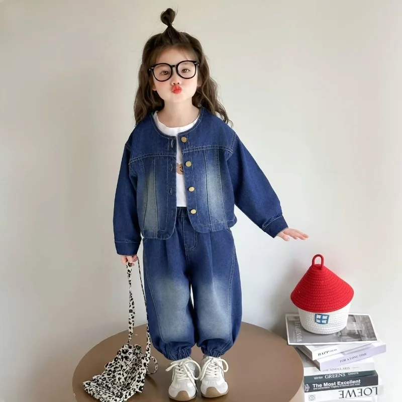 

Girls' Cowboy Set Autumn 2025 New Children's Korean Edition Fashion Retro Vintage Outcoat Casual Pants Two Piece Set